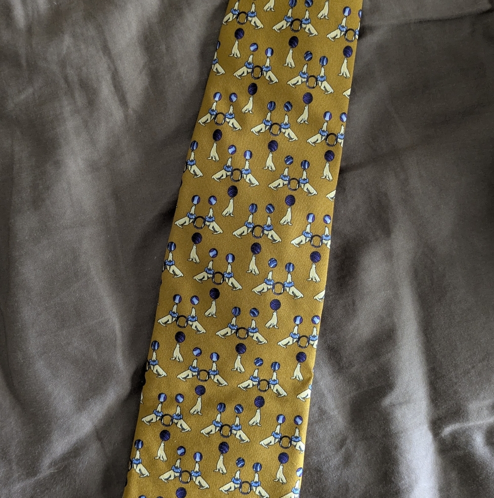 Brooks Brothers All Silk Mustard Tie with Blue and White Motif